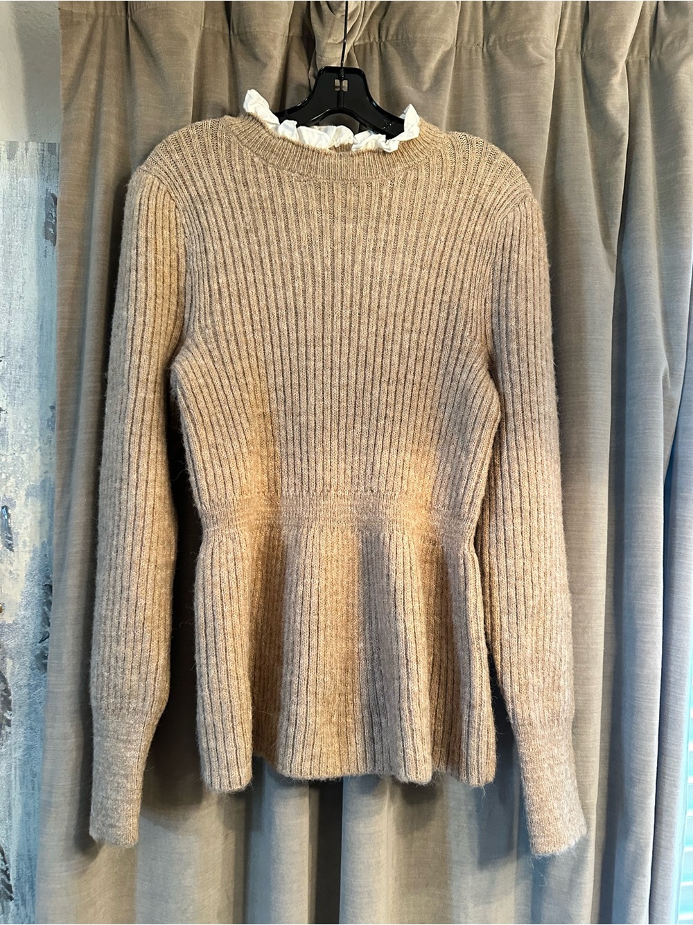Lea & Viola Beige Ribbed Peplum Crewneck Sweater